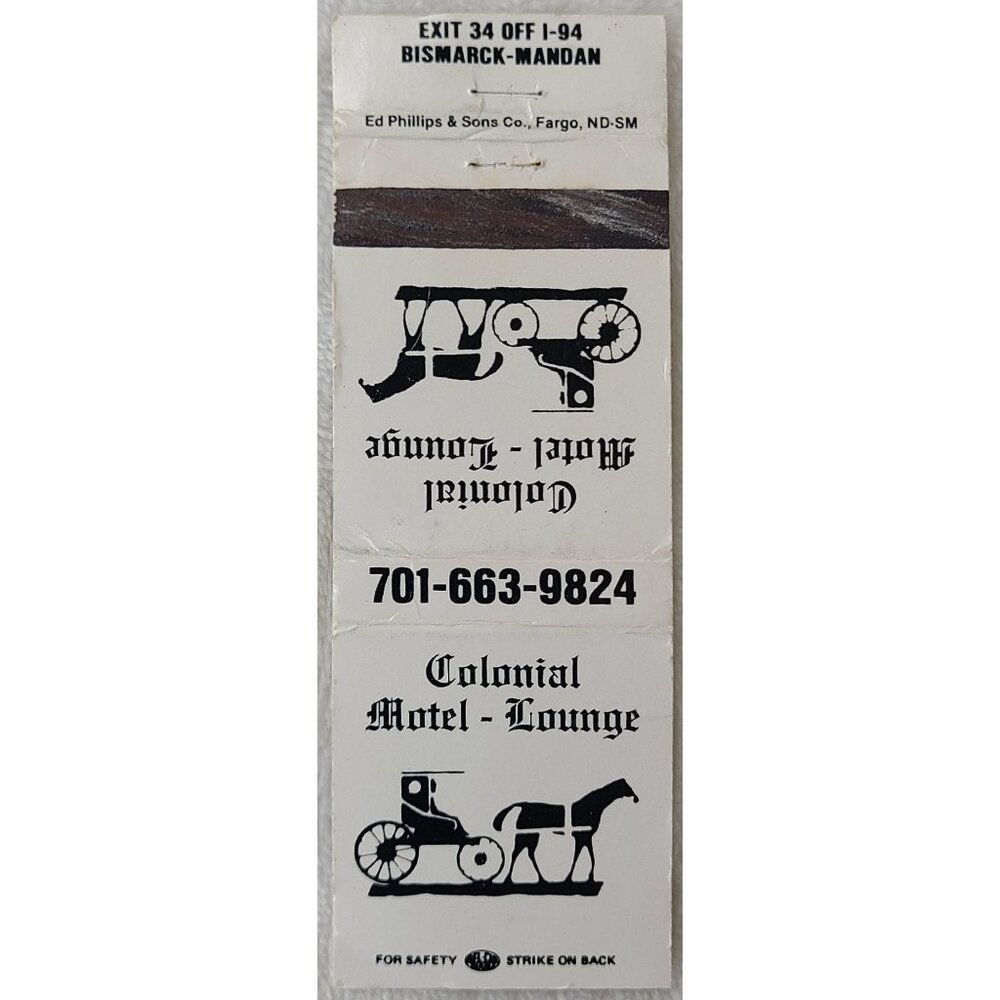 Matchbook Cover Colonial Motel Lounge Bismarck Mandan ND North Dakota - Picture 1 of 4